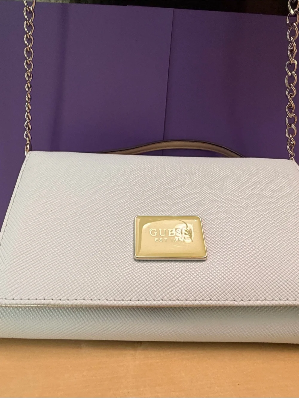 GUESS White Crossbody with Gold Logo Plaque and Chain Strap